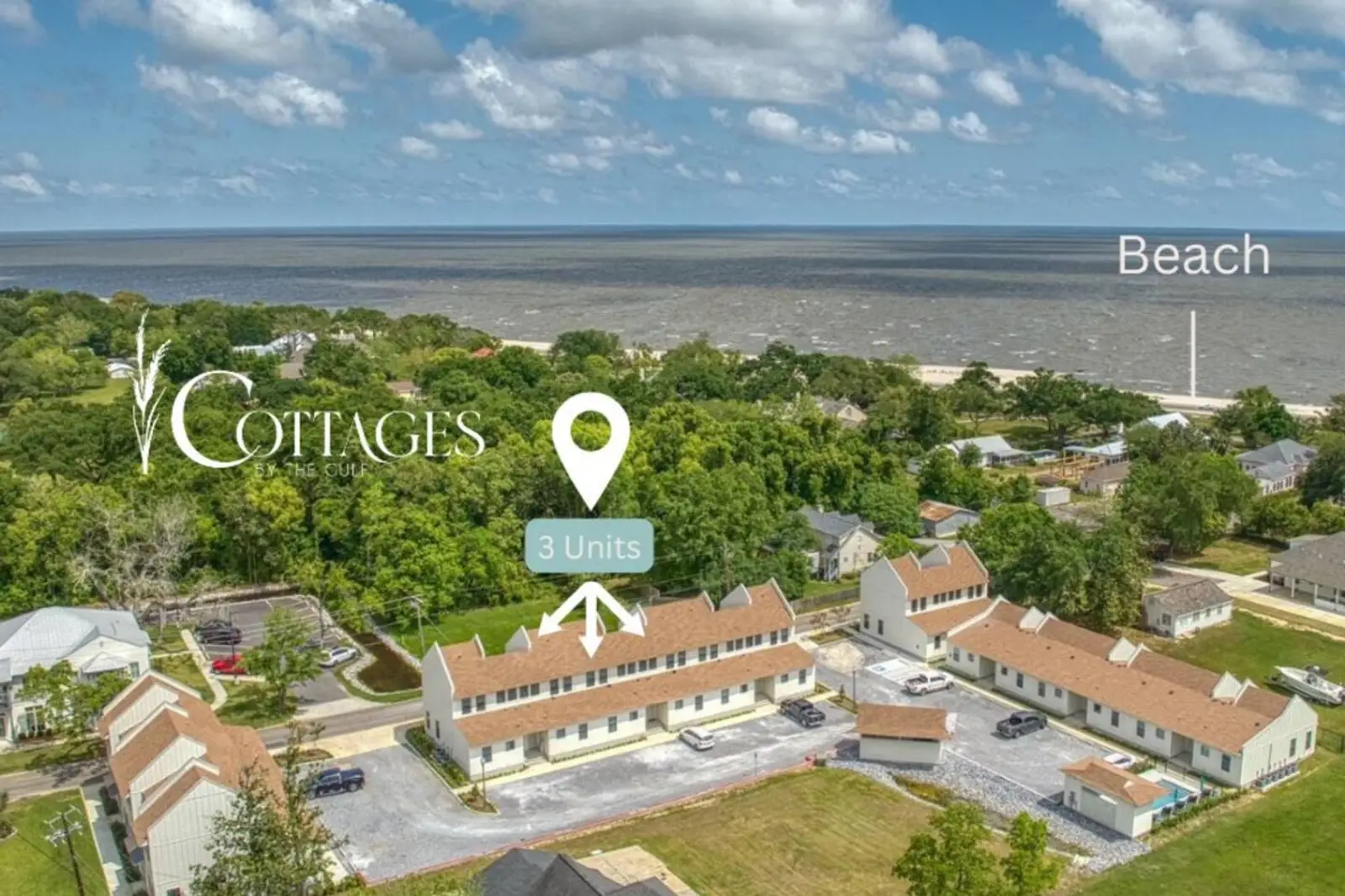 Aerial view of Cottages by the Gulf, a cluster of Nest Collection cottages a short walk from Pass Christian Beach and the Mississippi Sound.