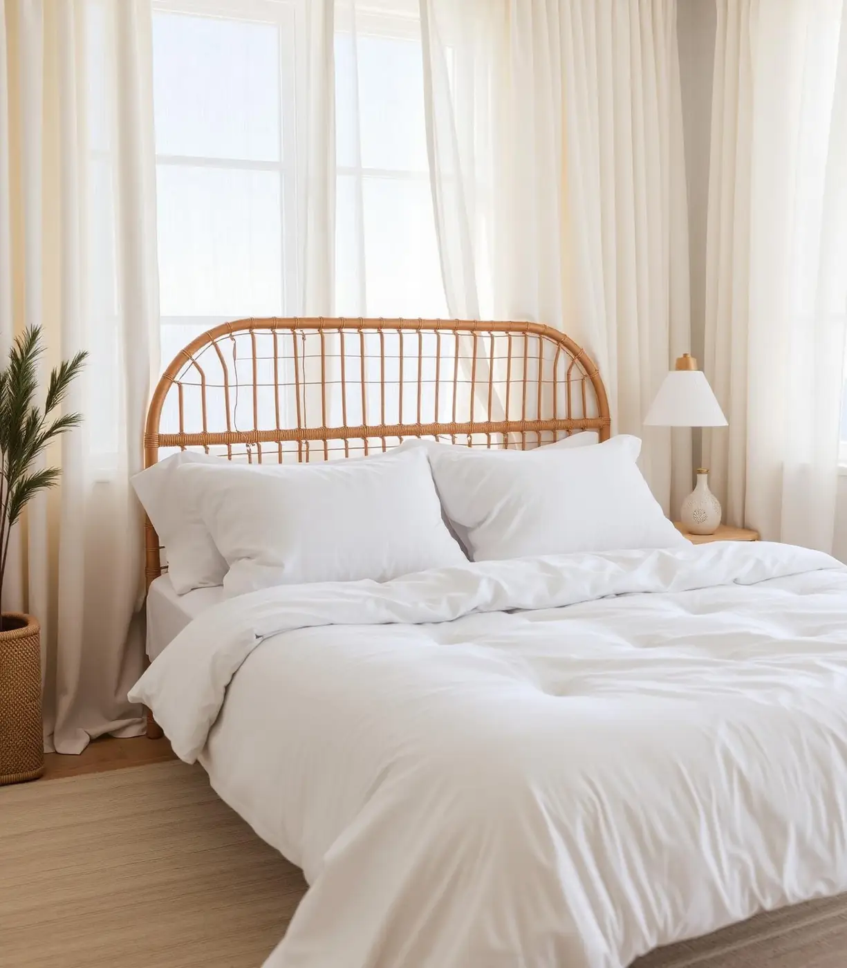 Sunlit minimal coastal bedroom with rattan headboard