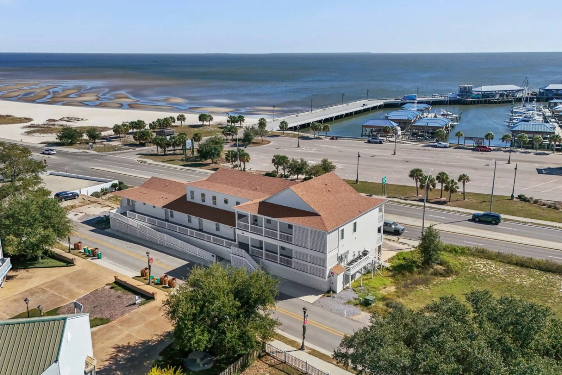 Aerial beach view of the property