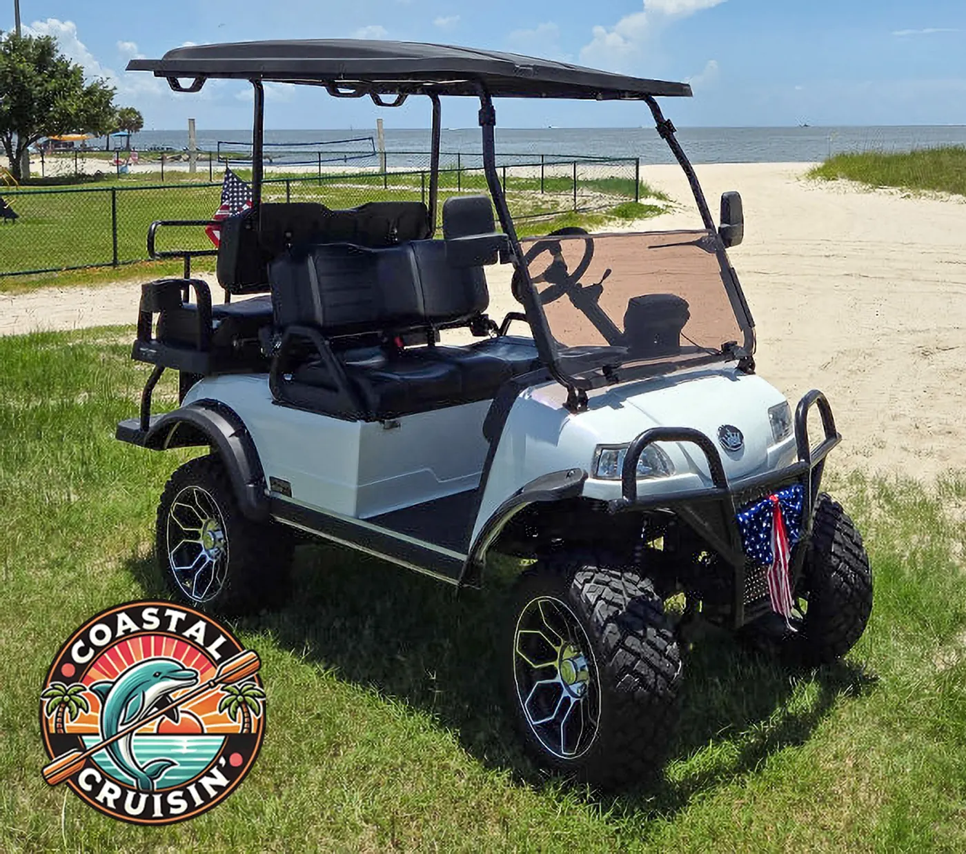 Coastal Cruisin' golf cart rentals on the Pass Christian beach