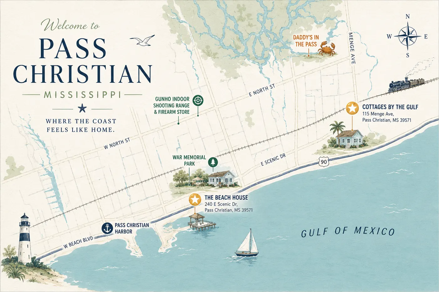 Illustrated map of Pass Christian, Mississippi showing The Beach House and Cottages by the Gulf